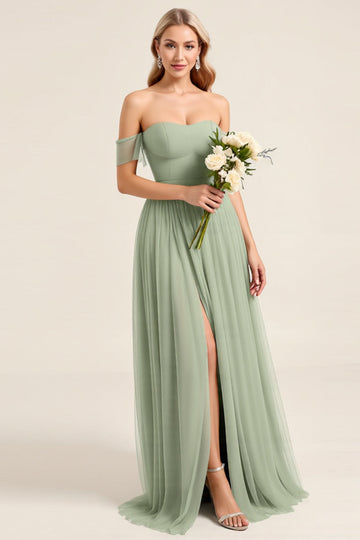 Matcha Chiffon A Line Off The Shoulder Long Bridesmaid Dress with Slit